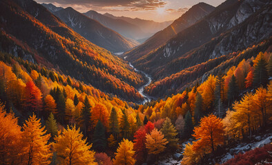 Aufkleber - Mountain range with a river running through it. The trees are orange and yellow. The sun is setting in the background