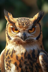 Wall Mural - A striking owl stands quietly, revealing its vibrant plumage and intense gaze amidst a lush green backdrop, highlighting the beauty of wildlife