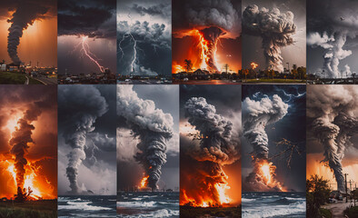 Poster - Series of images of fire and smoke, including one of a fire in the ocean. The images are in a grid format