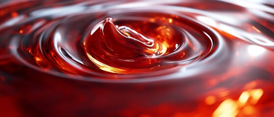 Poster - Close-up capture of a vibrant red liquid creating mesmerizing swirls and ripples under soft lighting, showcasing intricate details and reflections