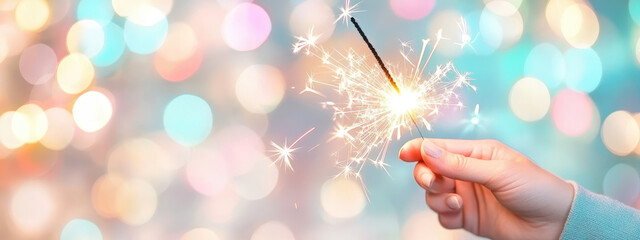 Wall Mural - hand holding a sparkling sparkler against a colorful bokeh background