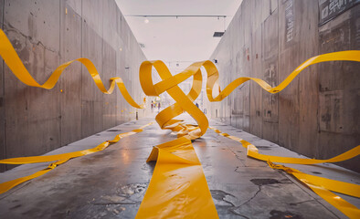 Poster - Yellow ribbon is hanging down the middle of a hallway. There are two people in the hallway