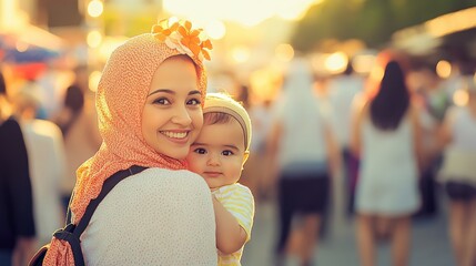 An Arabian woman holds her child closely, wearing modest clothing, in a somber setting reflecting themes of migration and resilience.