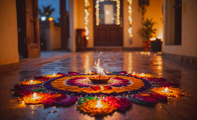 Poster - Colorful flower patterned floor with a candle in the center. The candle is lit and surrounded by other candles