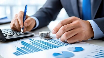 Poster - Businessman Analyzing Financial Data and Charts on Laptop in Office for Business Analytics and Decision Making