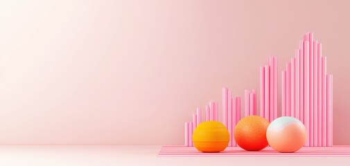 Poster - SEO relevance concept. A minimalist design featuring three colorful spheres and pink bars, set against a soft background, emphasizing growth and progress.