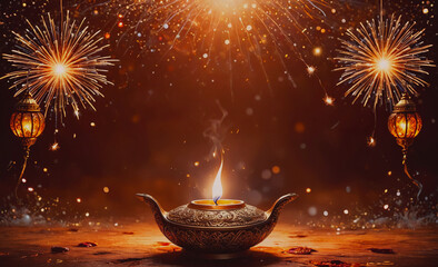 Poster - Lit candle in a gold lantern sits on a table. The table is covered in glitter and the candle is surrounded by a lot of sparks