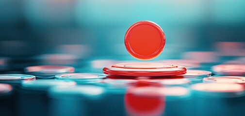 Poster - SEO relevance concept. A vibrant red coin hovers above a stack of similar coins, capturing a sense of motion and depth against a blurred, colorful background.