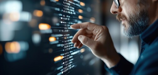 Fototapete - SEO relevance concept. A focused individual interacts with a digital interface, analyzing data streams and code, showcasing technology's impact on modern work.