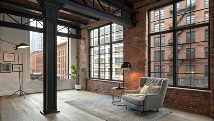 Wall Mural - Industrial loft apartment with exposed brick and modern furnishings