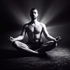 Wall Mural - Black and white high contrast mostly black hyperrealistic handsome young Caucasian muscular man meditating seated in lotus position and shining rays of light from the hara.