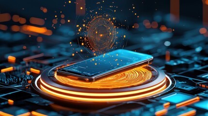 Poster - Futuristic Holographic Smartphone on Glowing Digital Circuit Platform