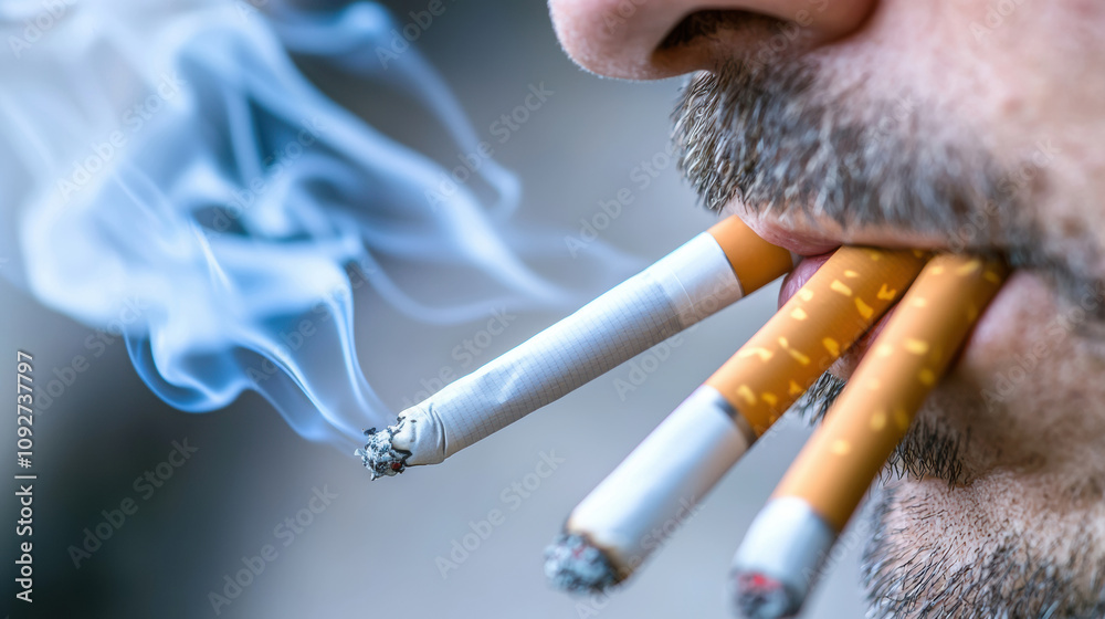 Man Smoking Multiple Cigarettes Simultaneously Close up Of A Man 