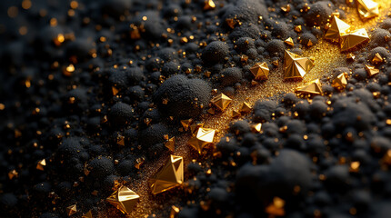 Poster - Detailed view of a textured surface with numerous small golden facets glimmering against a dark backdrop