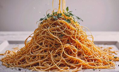Poster - Pile of spaghetti with parsley on top. The spaghetti is piled high and is covered in parsley