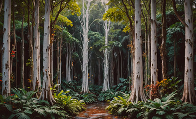 Aufkleber - Forest with trees and plants. The trees are mostly white. There is a path in the middle of the forest