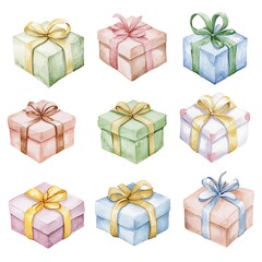 Wall Mural - Watercolor illustration of nine pastel-colored gift boxes with various ribbons.