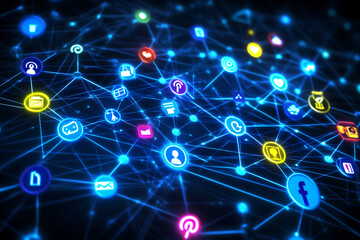 Poster - Digital network depicts interconnected social media platforms and online communication illustrating global connectivity today