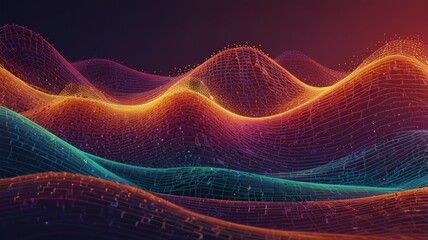 Wall Mural - digital illustration of waves and particles. curvy wireframe on bright gradient background