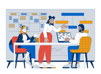 Fototapete - Productive collaboration in meeting room cartoon flat illustration. Business startup analytics. Briefing team members diverse 2D characters isolated on white background. Vector colorful image