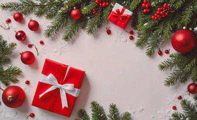 Poster - Red box with a white bow sits in front of a Christmas tree. The tree is covered in red and white ornaments