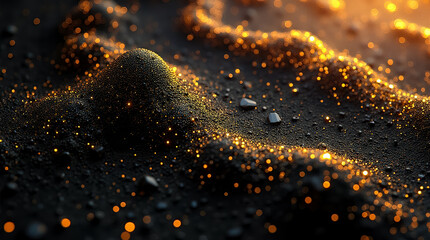 Poster - A textured surface displays gold facets in black liquid, creating an abstract, shimmering depth effect