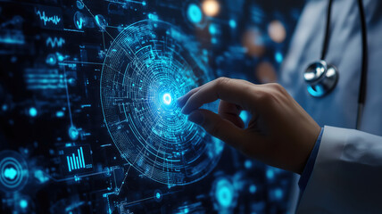 Poster - Doctor with stethoscope interacting with medical network icons on a virtual screen interface