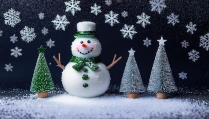 Wall Mural - snowman and christmas trees on a black background