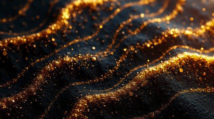 Poster - Gold facets shimmer and flow against a dark liquid background, creating an abstract and captivating visual effect