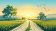 © Galib - A cartoon-style image of a winding road leading towards a sunset in a field with trees.