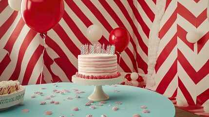 Fototapete - Bright and colorful happy birthday design with lively balloons, falling confetti, and a festive cake centerpiece on a lively backdrop.