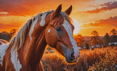Poster - Brown and white horse is standing in a field. The horse has a white stripe on its face