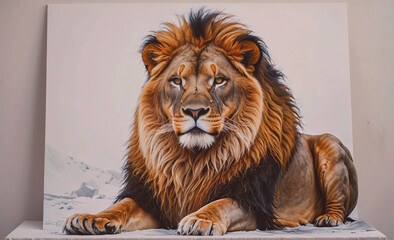 Poster - Lion is laying on the ground. It has a long mane and a long tail. The lion is looking at the camera