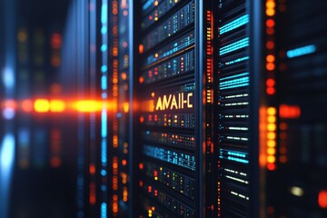Poster - Advanced data center with illuminated server racks during nighttime operations