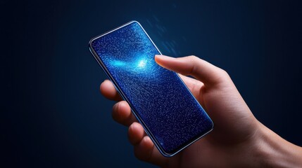 Poster - Holding Glowing Smartphone in Cosmic Blue Dark Background with Futuristic High Tech Details