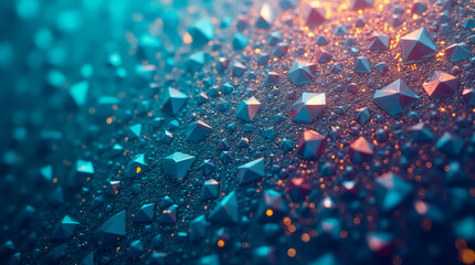 Poster - Intricate surface displays a multitude of small triangular and polygonal facets reflecting light in a vibrant gradient