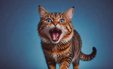 Poster - Cat with blue eyes and a mouth open. It is standing on a blue background. The cat has a striped coat