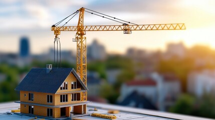 Poster - Residential Construction Project at Sunrise with Crane Overlooking Cityscape