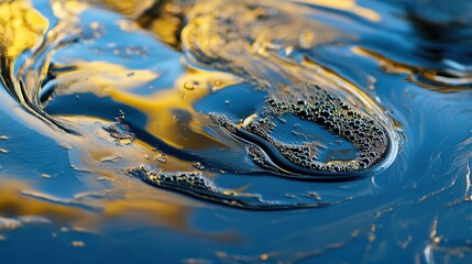 Aufkleber - Oil Spill Management Concept, Macro Shot of Colorful Oil Droplets Suspended on Water Surface with Beautiful Swirls and Reflections, Capturing the Splendor of Nature in Detailed Focus