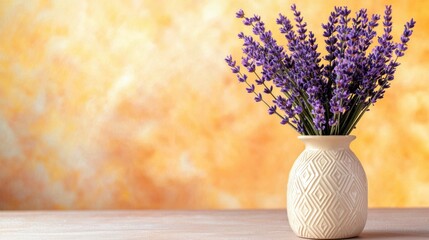 Poster - Bouquet of Lavender Flowers Placed on a Table with Warm Colored Background