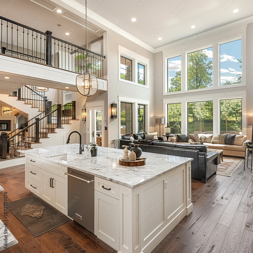 Kitchen and living room interior in new luxury home with open concept ...