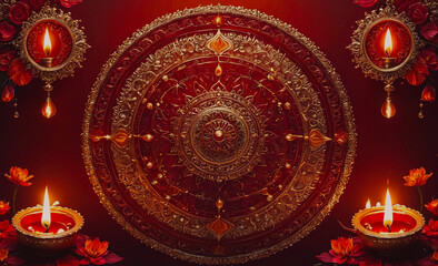 Poster - Red and gold circle with a gold border. There are three candles in the circle