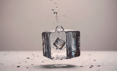Poster - Large cube of ice is floating in a glass of water, causing the water to splash out of the glass. The ice cube is surrounded by a pool of water