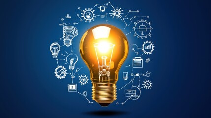 Poster - Illuminating Idea Glowing Light Bulb with Creative Doodle Icons on Blue Background