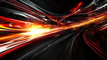 Poster - Motion Blur Light Trail of Fast Speeding Vehicle on Highway at Night with Dazzling Glowing Luminous Beams