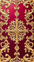 Poster - Floral patterns form a stunning baroque texture with golden filigree on a deep red backdrop