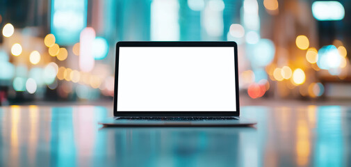 Leinwandbilder - mock up technology concept. A sleek laptop is positioned in an urban environment, with a blurred cityscape in the background, emphasizing modern technology against vibrant lights.
