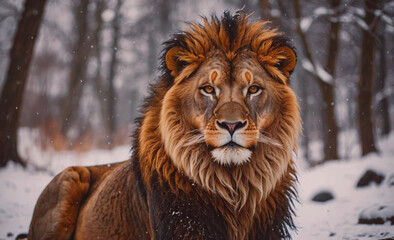 Poster - Lion with a long mane stands in the snow. The lion has a large, open mouth