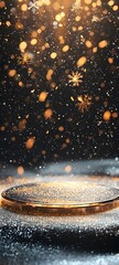 Wall Mural - a sparkling podium made of clear glass, surrounded by falling snowflakes, with warm golden light shi