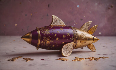 Poster - Gold and purple rocket ship with stars on it. It is sitting on a table. There are many stars scattered around the rocket